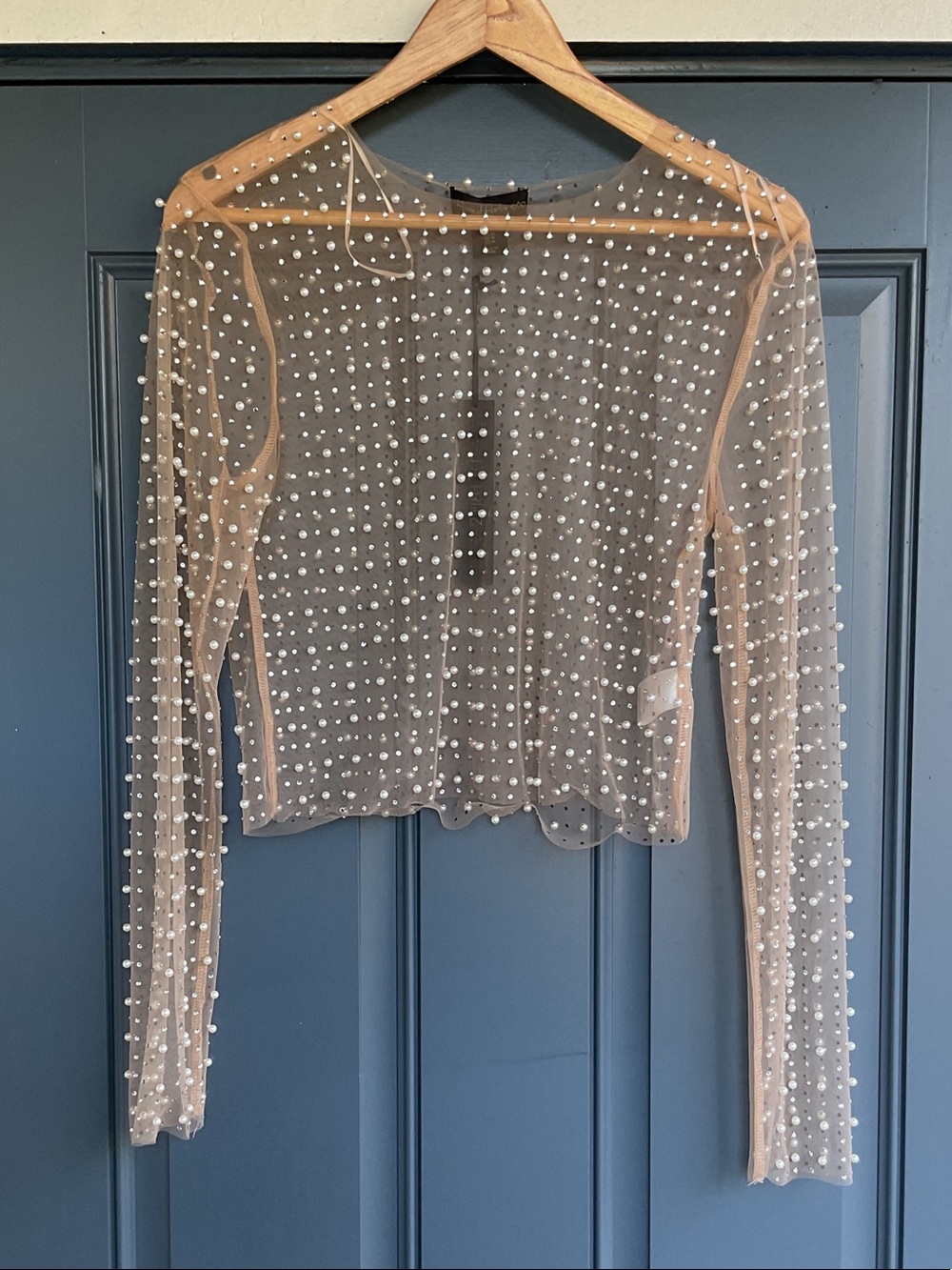 NWT House of Harlow 1960 Pearl-Embellished Nude Sheer Long Sleeve Top, Sz M